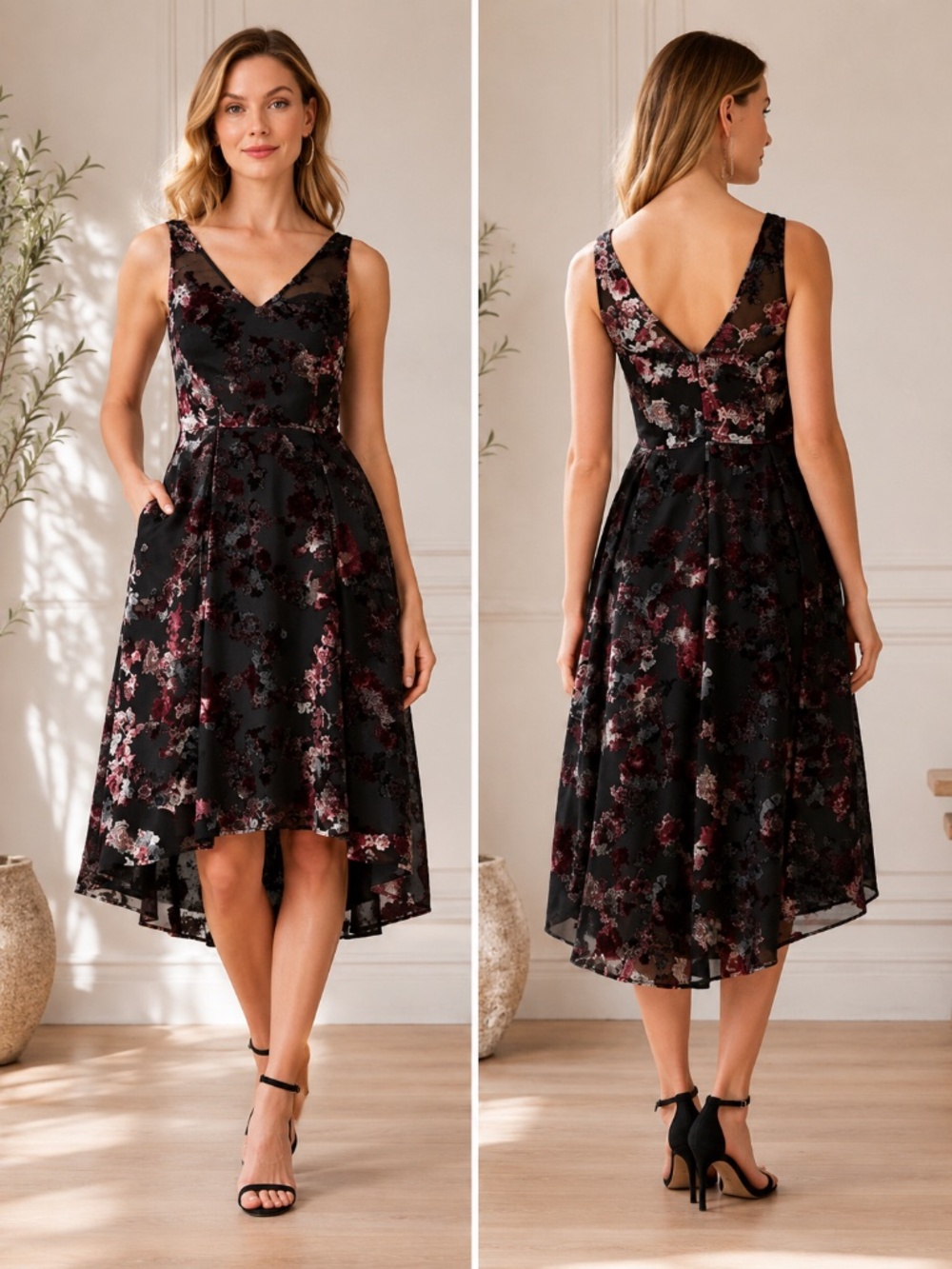 WHBM Burnout Velvet Floral Hi Lo Dress Fit Flare Black 12
